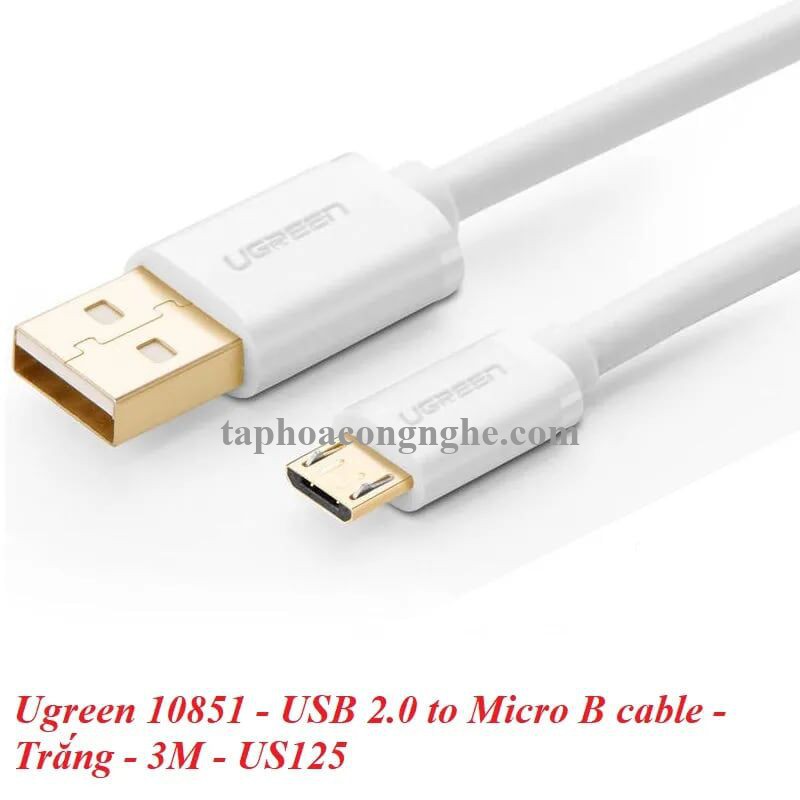 Ugreen 10851 3M màu Trắng Cáp sạc truyền dữ liệu USB 2.0 sang MICRO USB lõi đồng US125 30010851